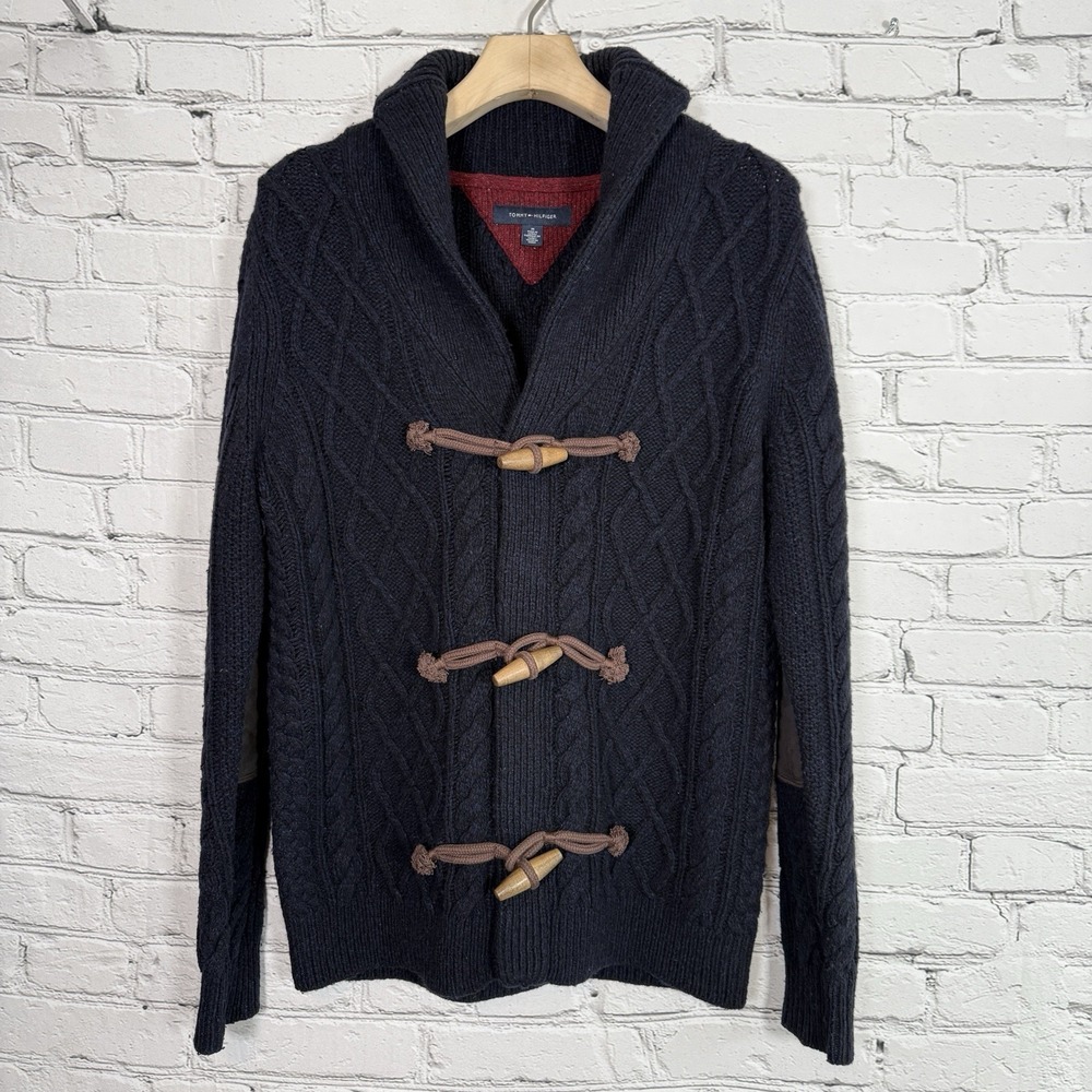 Tommy Hilfiger Cable Knit Toggle‎ Sweater Mens M Lambswool Midnight Shawl Collar